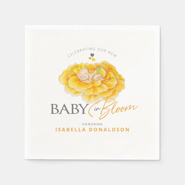 Baby in Bloom whimsy watercolor yellow baby shower Napkin (Front)