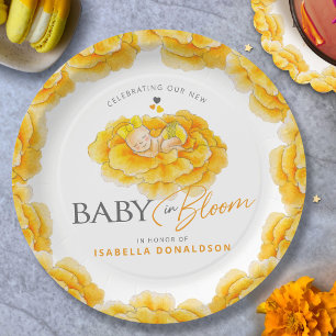 Baby in Bloom whimsy watercolor yellow baby shower Paper Plate