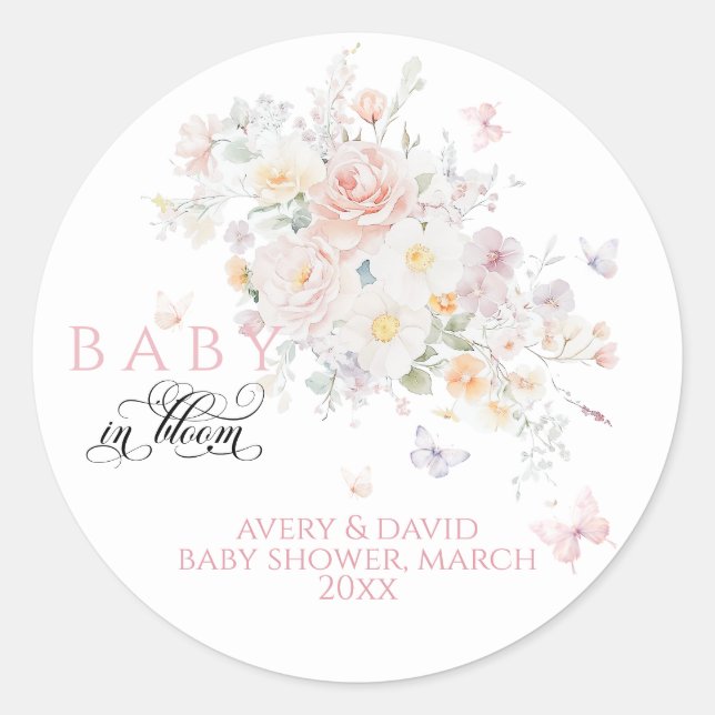 Baby in Bloom Wild Flower Butterfly Baby Shower Classic Round Sticker (Front)