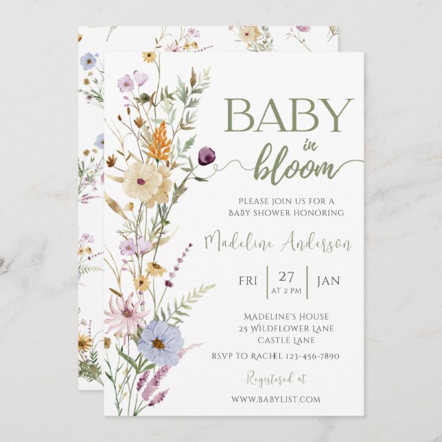 Baby in Bloom Wildflower Baby Shower Invitation (Front/Back)