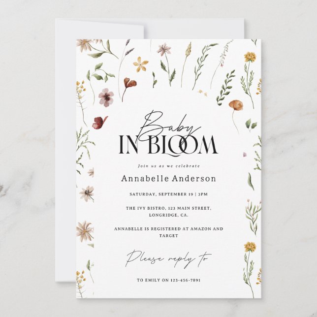 Baby in bloom wildflower baby shower invitation (Front)