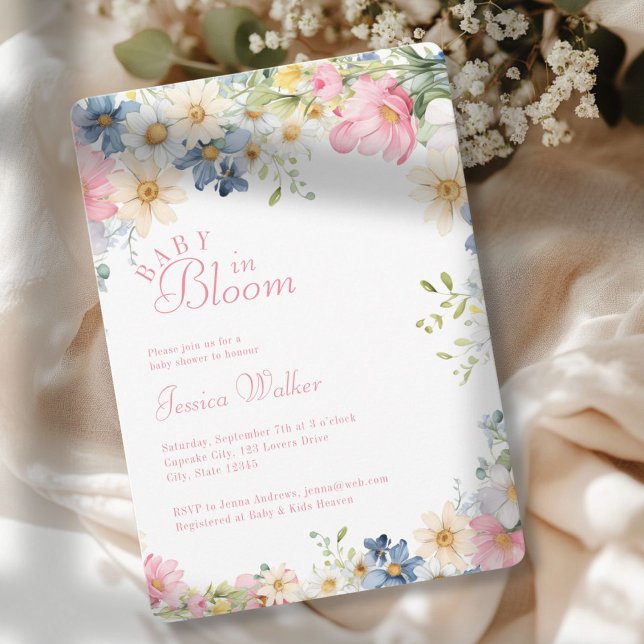 BABY IN BLOOM!  Wildflower, Baby Shower Invitation (BABY IN BLOOM! Wildflower, Watercolor, White + Pastel, Baby Shower Invitation.)