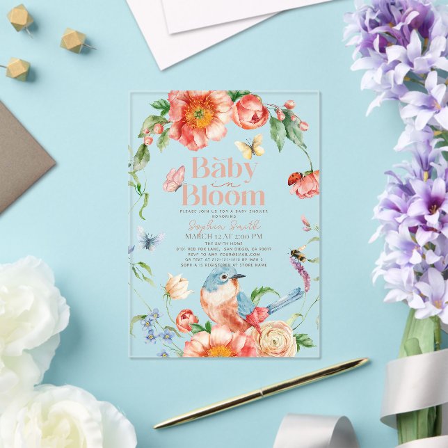 Baby in Bloom Wildflower & Bird Girl Baby Shower Acrylic Invitations (Insitu (Wedding))