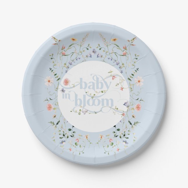 Baby in Bloom Wildflower Blue Boy Baby Shower Paper Plate (Front)