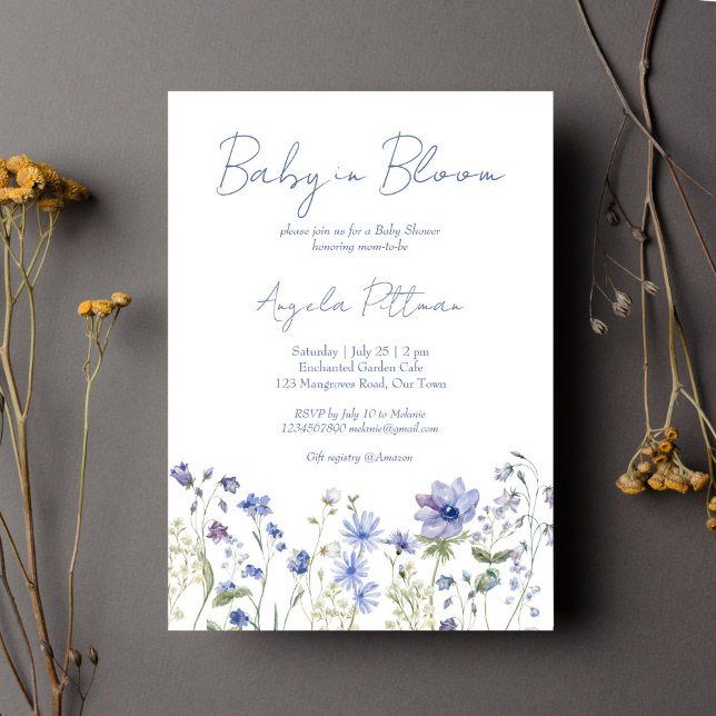 Baby in bloom Wildflower dusty blue baby shower Invitation (Baby in bloom dusty blue boho Wildflower baby shower Invitation editable template instant download)