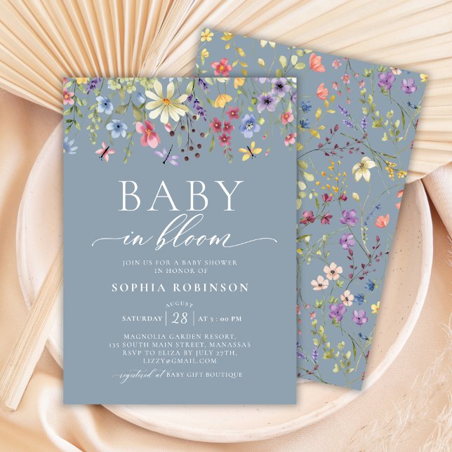 Baby in Bloom Wildflower Dusty Blue Baby Shower  Invitation (Creator Uploaded)