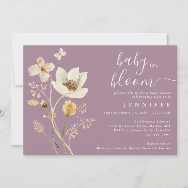 Baby In Bloom Wildflower Dusty Purple Baby Shower Invitation (Front)