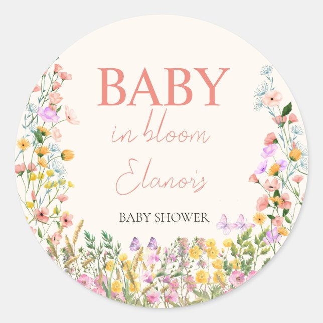 Baby in Bloom Wildflower Elegant Girl Baby Shower Classic Round Sticker (Front)