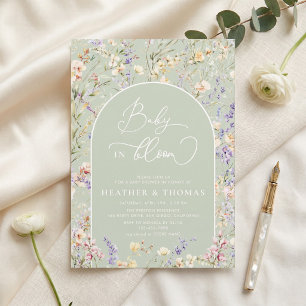 Baby In Bloom Wildflower QR Sage Green Baby Shower Invitation