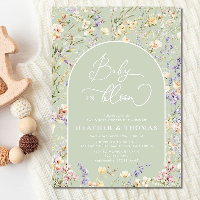 Baby In Bloom Wildflower QR Sage Green Baby Shower Invitation (Creator Uploaded)