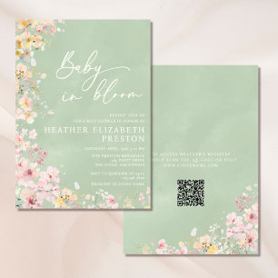 Baby In Bloom Wildflower QR Sage Green Baby Shower Invitation