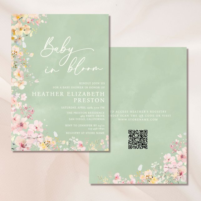 Baby In Bloom Wildflower Sage Green QR Baby Shower Invitation (Creator Uploaded)