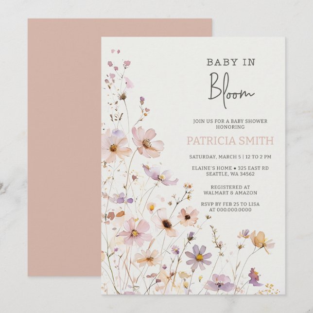 Baby in Bloom Wildflowers Baby Girl Baby Shower Invitation (Front/Back)