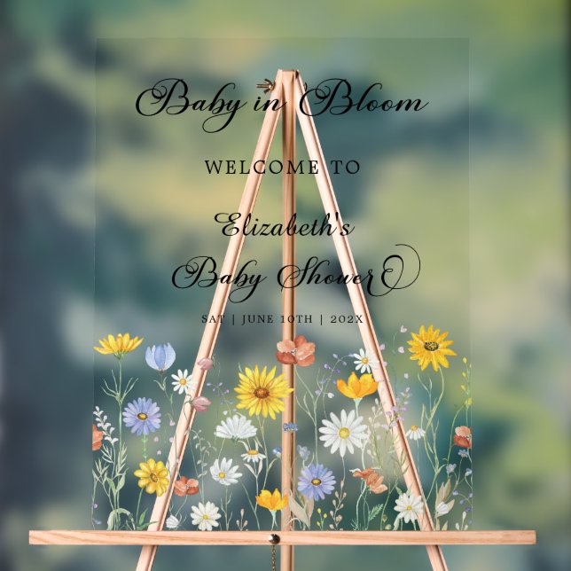 Baby in Bloom Wildflowers Baby Shower Welcome Acrylic Sign (Neutral)