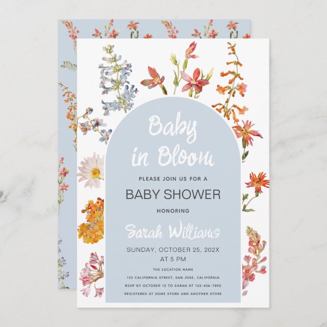 Baby in Bloom Wildflowers Blue Arch Boy Shower Invitation (Front/Back)
