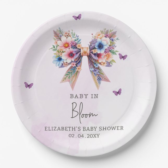 Baby in Bloom Wildflowers Bow Girl Baby Shower Paper Plate (Front)