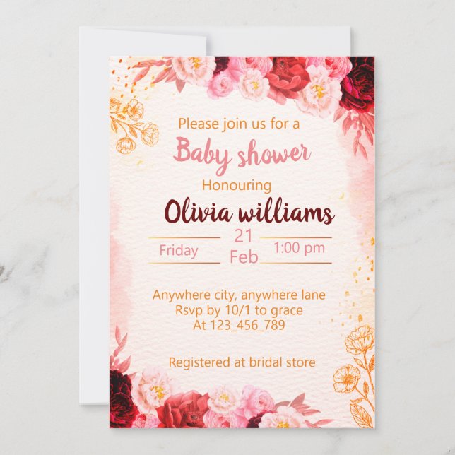 Baby in Bloom with Burgundy Dusty Pink Watercolor Invitation (Front)
