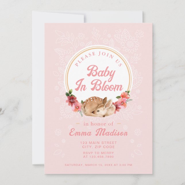 Baby in Bloom Woodland Deer Pink Shower Invitation (Front)