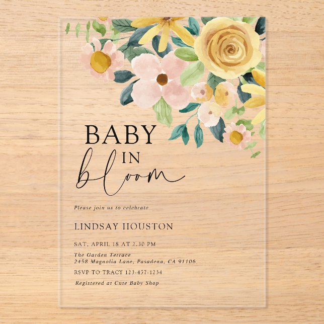 Baby in Bloom Yellow Floral Acrylic Invitations (Front)