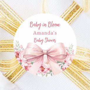 Baby in Bloon pink florals bow Baby Shower Classic Round Sticker