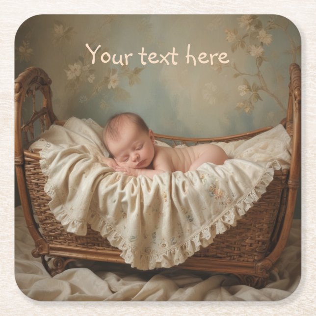 Baby in Cradle Square Paper Coaster (Front)
