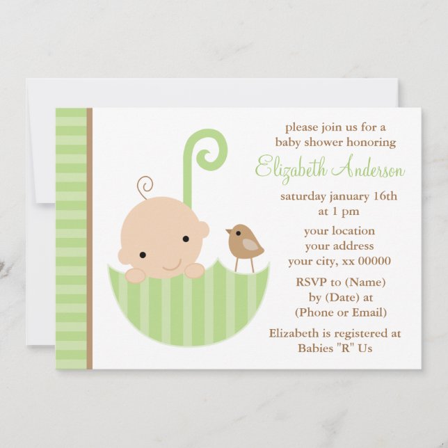Baby in Green Umbrella Baby Shower Invitation (Front)
