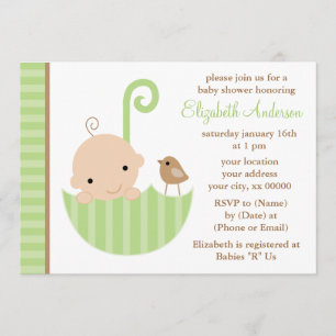 Baby in Green Umbrella Baby Shower Invitation