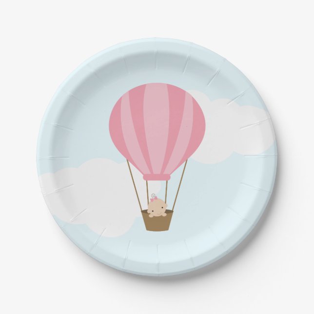 Baby in Pink Hot Air Balloon Baby Shower Paper Plate (Front)