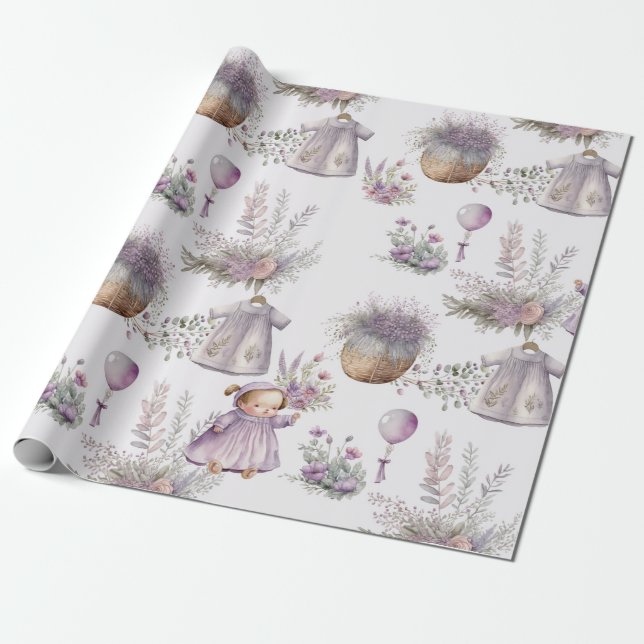 Baby in Watercolor Lavender Bloom Wrapping Paper (Unrolled)