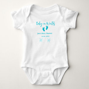 Baby in Winter baby shower blue baby feet snowflak Bodysuit