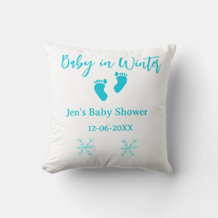Baby in Winter baby shower blue baby feet snowflak Cushion
