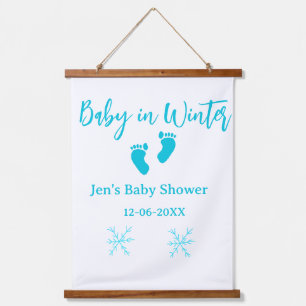Baby in Winter baby shower blue baby feet snowflak Hanging Tapestry