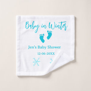 Baby in Winter baby shower blue baby feet snowflak Wash Cloth