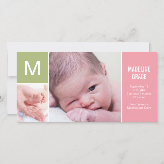 Baby Initial Birth Announcement - Pink (Front)