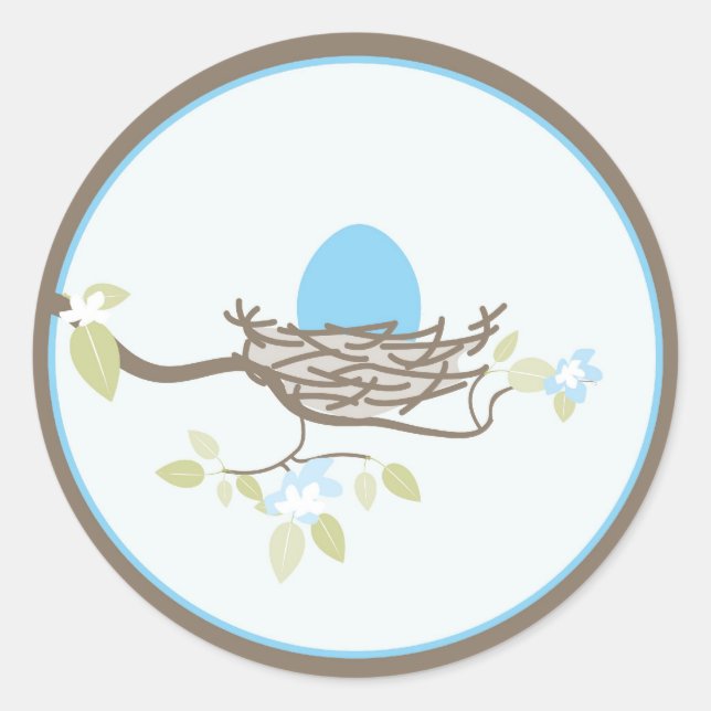 Baby Invitation/Favour Sticker - Blue Egg in Nest (Front)