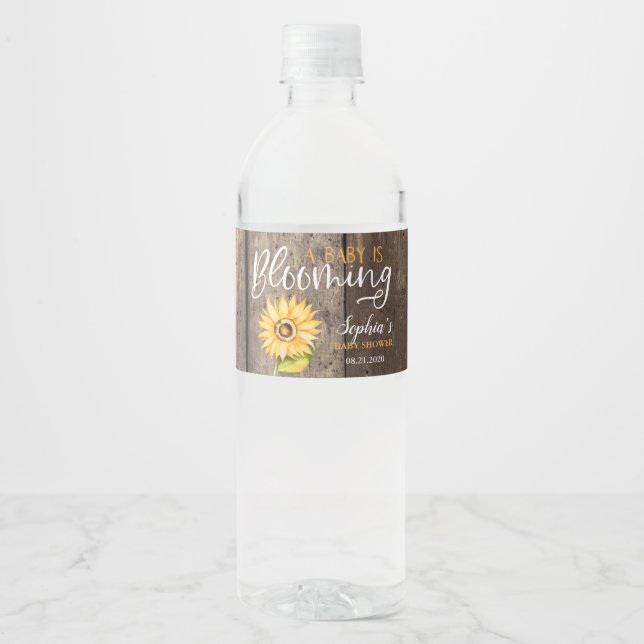 Baby Is Blooming Elegant Watercolor Sunflower Water Bottle Label (Front)