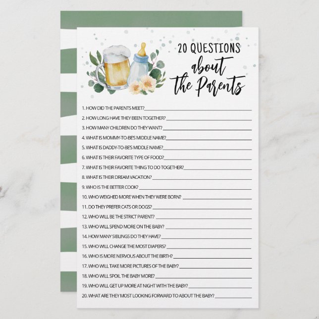 Baby Is Brewing 20 Questions About Parents game (Front/Back)