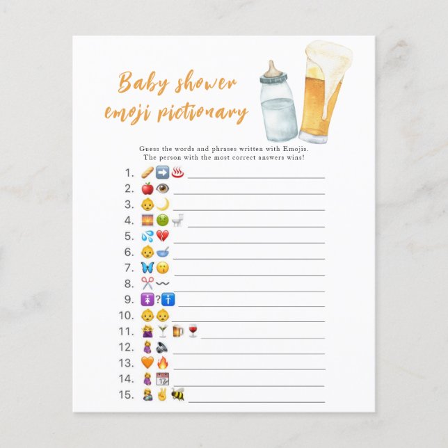 Baby is brewing baby shower Emoji picture game (Front)