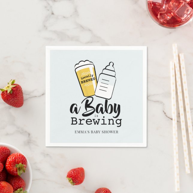 Baby is Brewing Beer Baby Bottle Blue Baby Shower Napkin (Insitu)