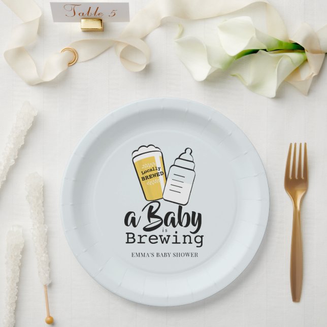 Baby is Brewing Beer Baby Bottle Blue Baby Shower Paper Plate (Wedding)