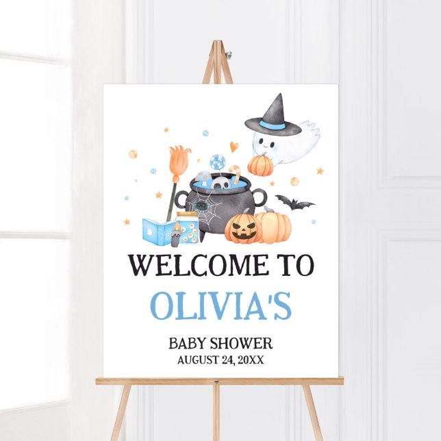 Baby is Brewing Blue Halloween Welcome Poster (Baby is Brewing Baby Shower Welcome Sign)