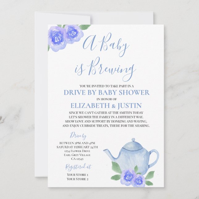 Baby is Brewing Blue Teapot Drive By Baby Shower Invitation (Front)