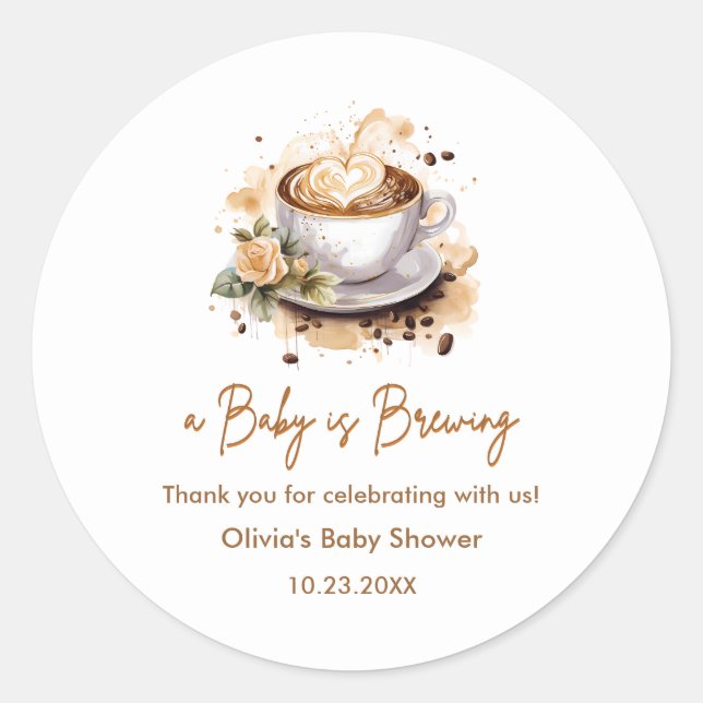 Baby is Brewing Brown Coffee Baby Shower Thank You Classic Round Sticker (Front)