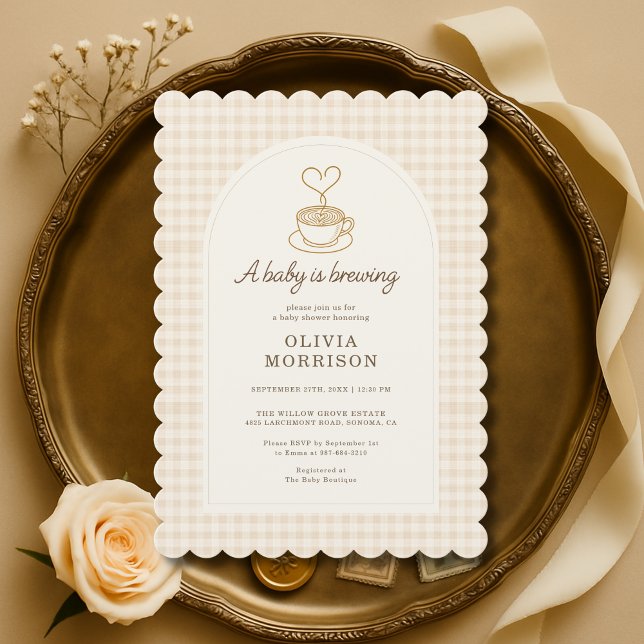 Baby is Brewing Coffee Gingham Baby Shower Invitation (Creator Uploaded)