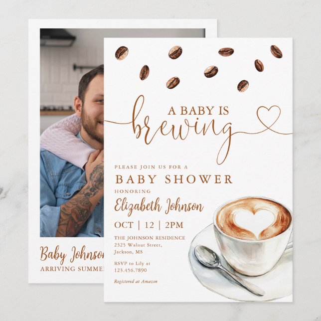 Baby Is Brewing Coffee Photo QR Code Shower Invitation (Front/Back)