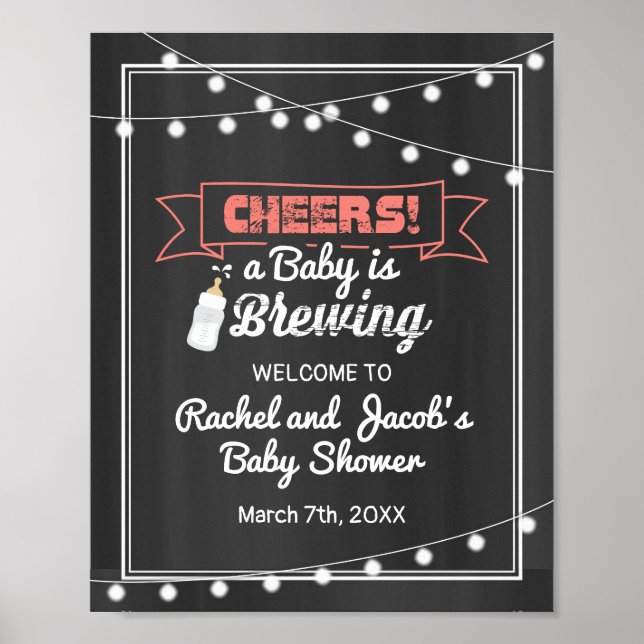 Baby is Brewing Coral & Chalkboard Welcome Shower Poster (Front)