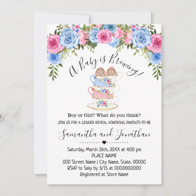Baby is Brewing Easter Gender Reveal Tea invite (Front)
