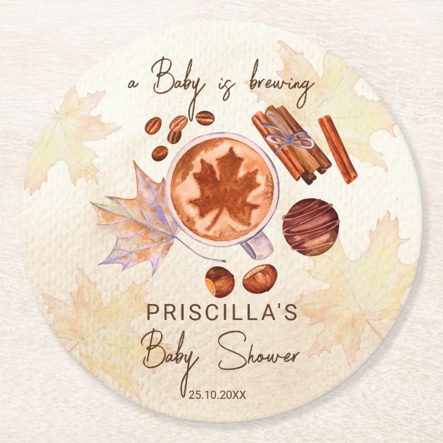 Baby is brewing fall autumn baby shower favours round paper coaster (Front)