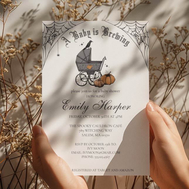 Baby is Brewing Gender Neutral Gothic Baby Shower Invitation (Gothic Halloween Baby Shower Invitation in White. Vintage Baby Carriage, Pumpkins, Webs, Raven)
