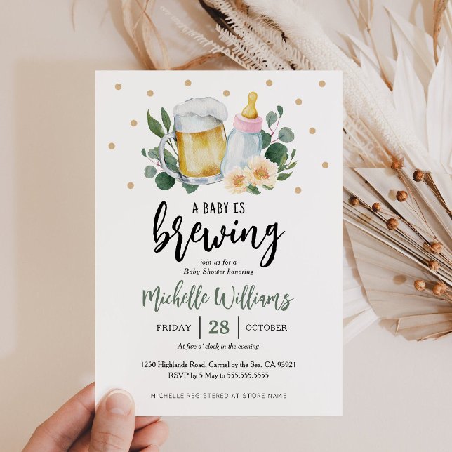 Baby Is Brewing Greenery Baby Shower Invitation (Baby is Brewing Beer Baby Shower Party Invitation)